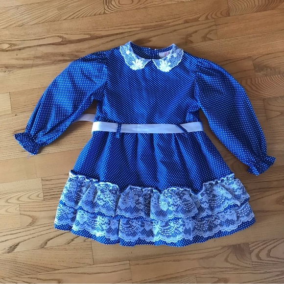 Jill Lynn vintage Dress royal blue white polka dot lace ribbon long sleeve T3 3T - Picture 1 of 14